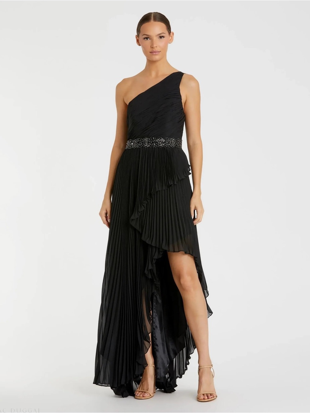 Mac Duggal Pleated One Shoulder Asymmetrical Ruffle Hem Beaded Gown Black 0